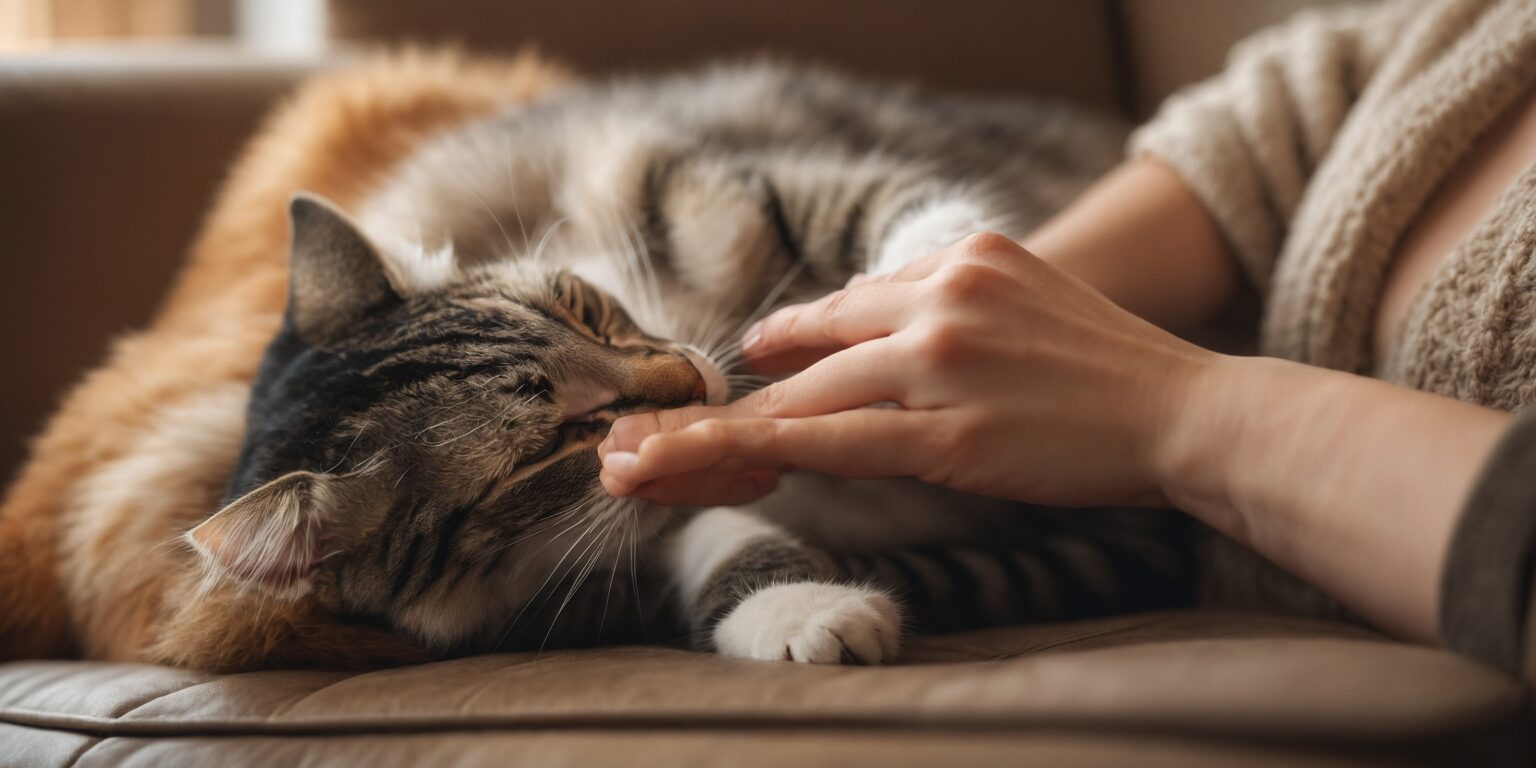 Chat tigré allongé sur un canapé, mordillant doucement les doigts d’une personne en geste de tendresse.