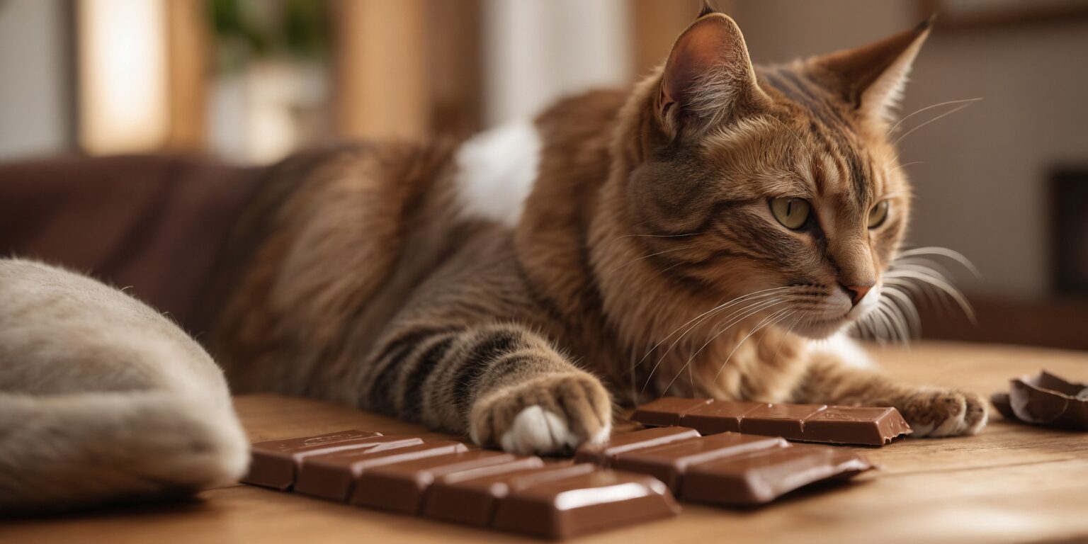 Chat tigré allongé sur une table en bois, posant sa patte sur des morceaux de chocolat au lait.