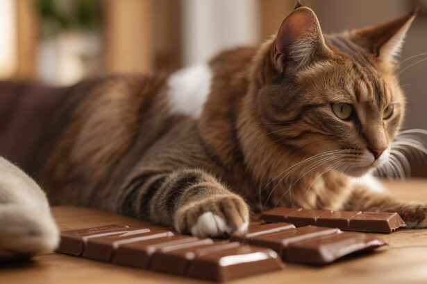 Chat tigré allongé sur une table en bois, posant sa patte sur des morceaux de chocolat au lait.
