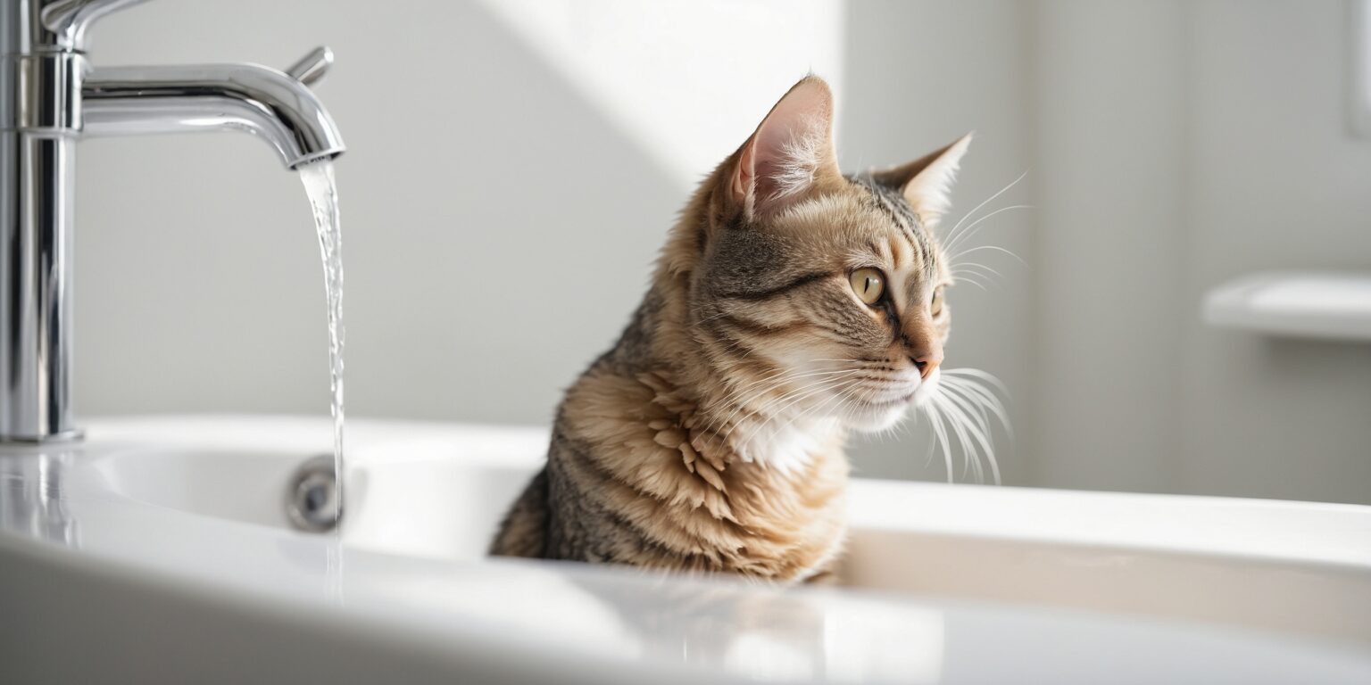 Chat tigré assis dans un lavabo blanc, regardant l’eau couler d’un robinet chromé dans une salle de bain lumineuse.