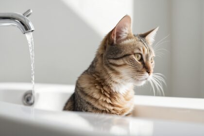 Chat tigré assis dans un lavabo blanc, regardant l’eau couler d’un robinet chromé dans une salle de bain lumineuse.