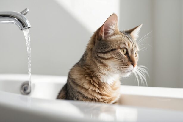 Chat tigré assis dans un lavabo blanc, regardant l’eau couler d’un robinet chromé dans une salle de bain lumineuse.