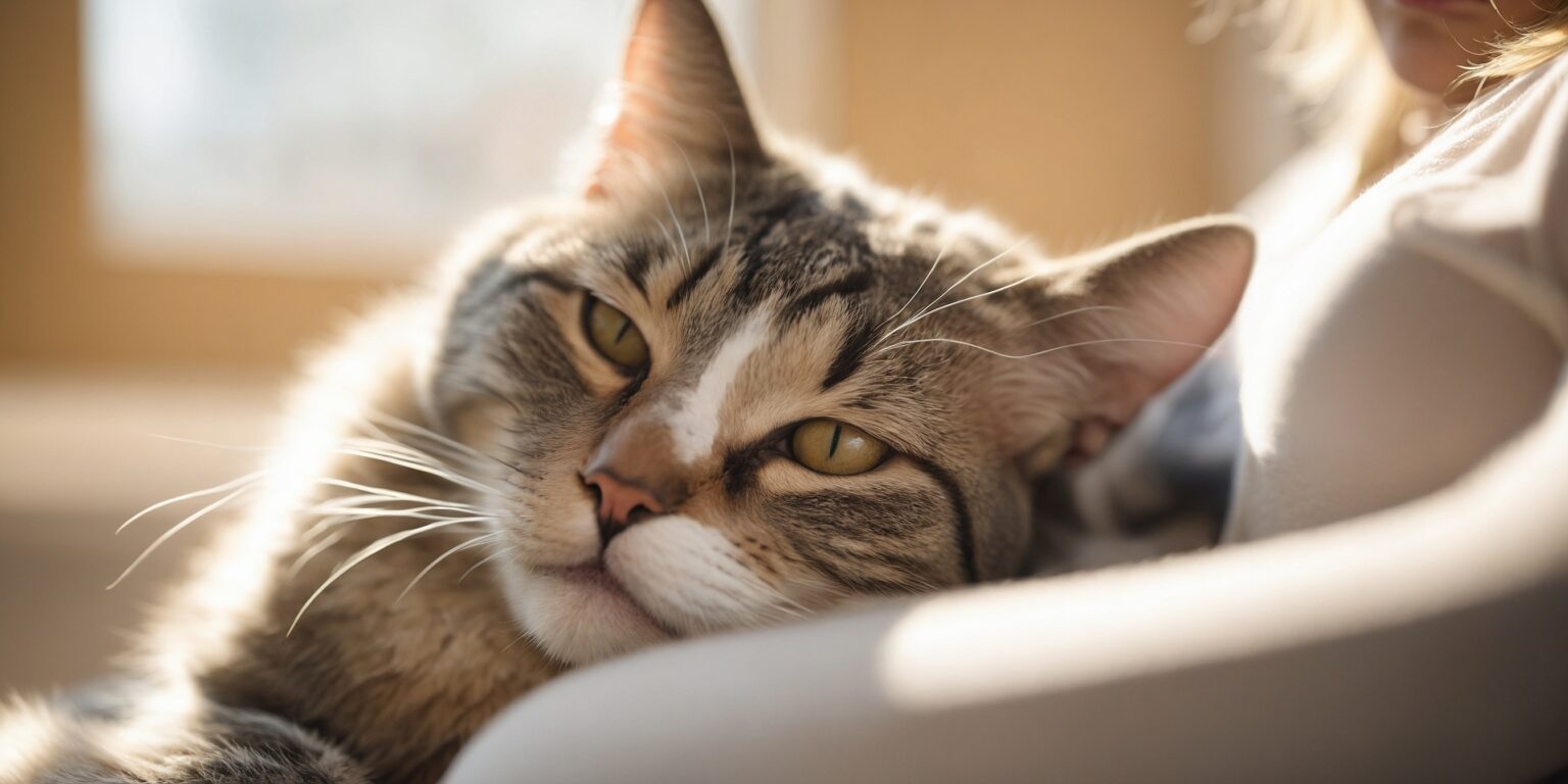 Chat tigré aux yeux jaunes allongé paisiblement sur une personne, baigné de lumière douce près d’une fenêtre.