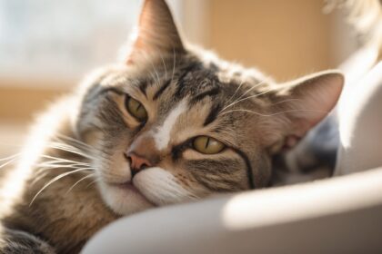 Chat tigré aux yeux jaunes allongé paisiblement sur une personne, baigné de lumière douce près d’une fenêtre.