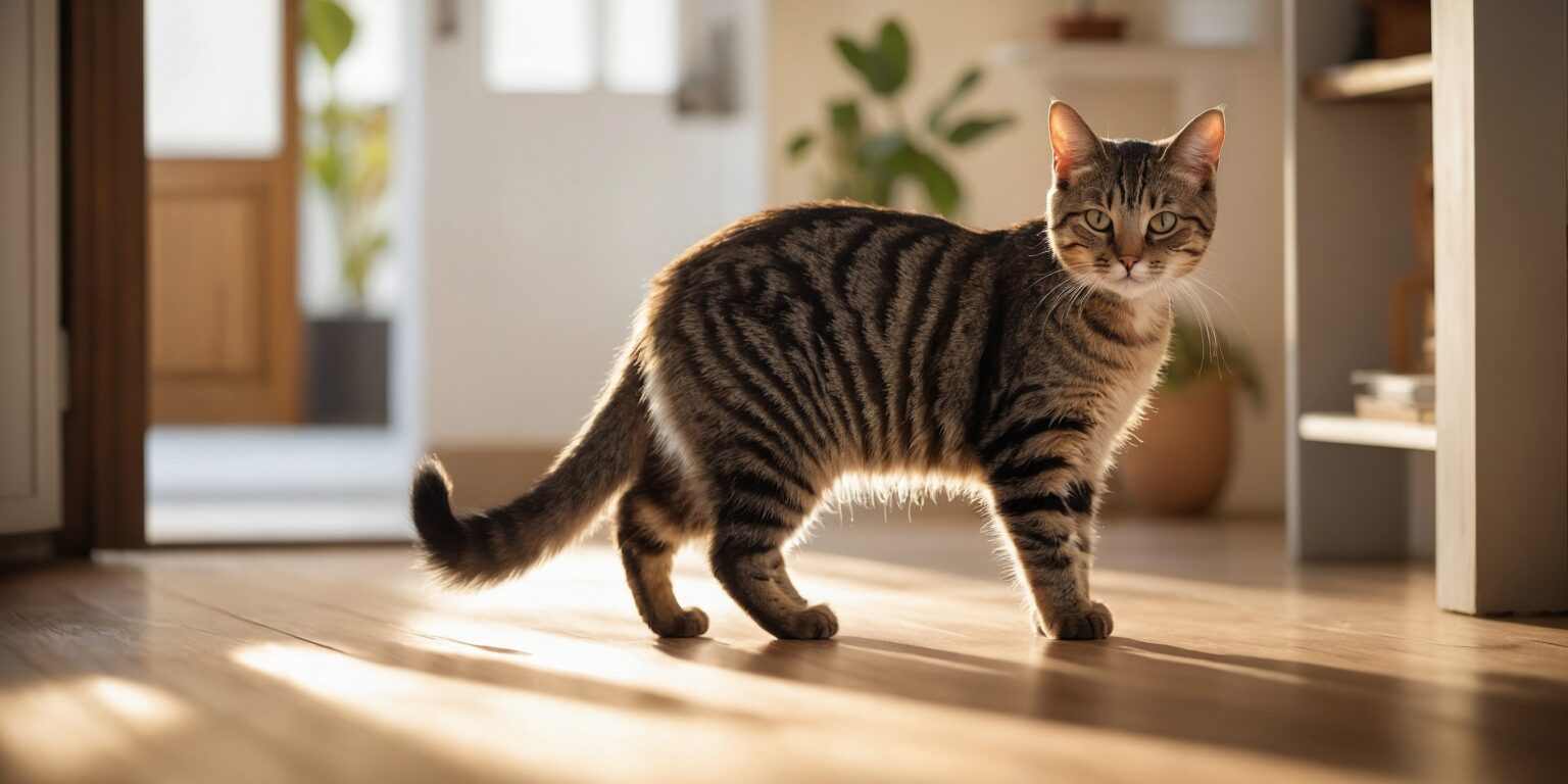 Chat tigré debout sur un sol en bois, baigné de lumière naturelle dans un intérieur chaleureux avec plantes et étagères.