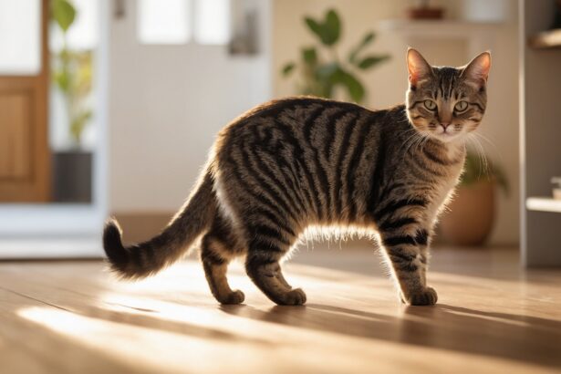Chat tigré debout sur un sol en bois, baigné de lumière naturelle dans un intérieur chaleureux avec plantes et étagères.