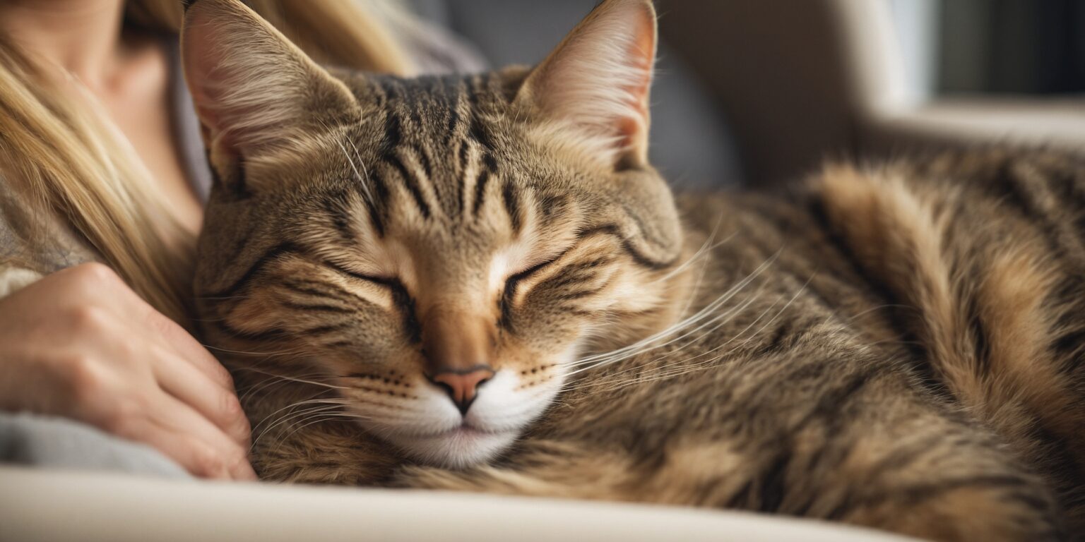 Chat tigré endormi blotti contre une personne, illustrant un moment de tendresse et de calme avec un chat.