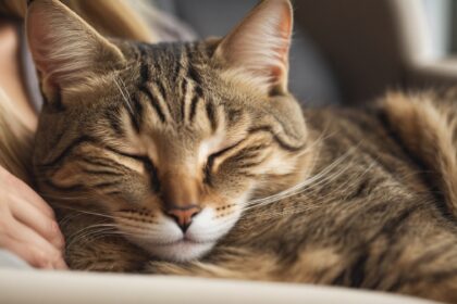 Chat tigré endormi blotti contre une personne, illustrant un moment de tendresse et de calme avec un chat.