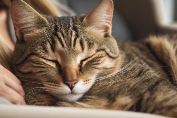 Chat tigré endormi blotti contre une personne, illustrant un moment de tendresse et de calme avec un chat.