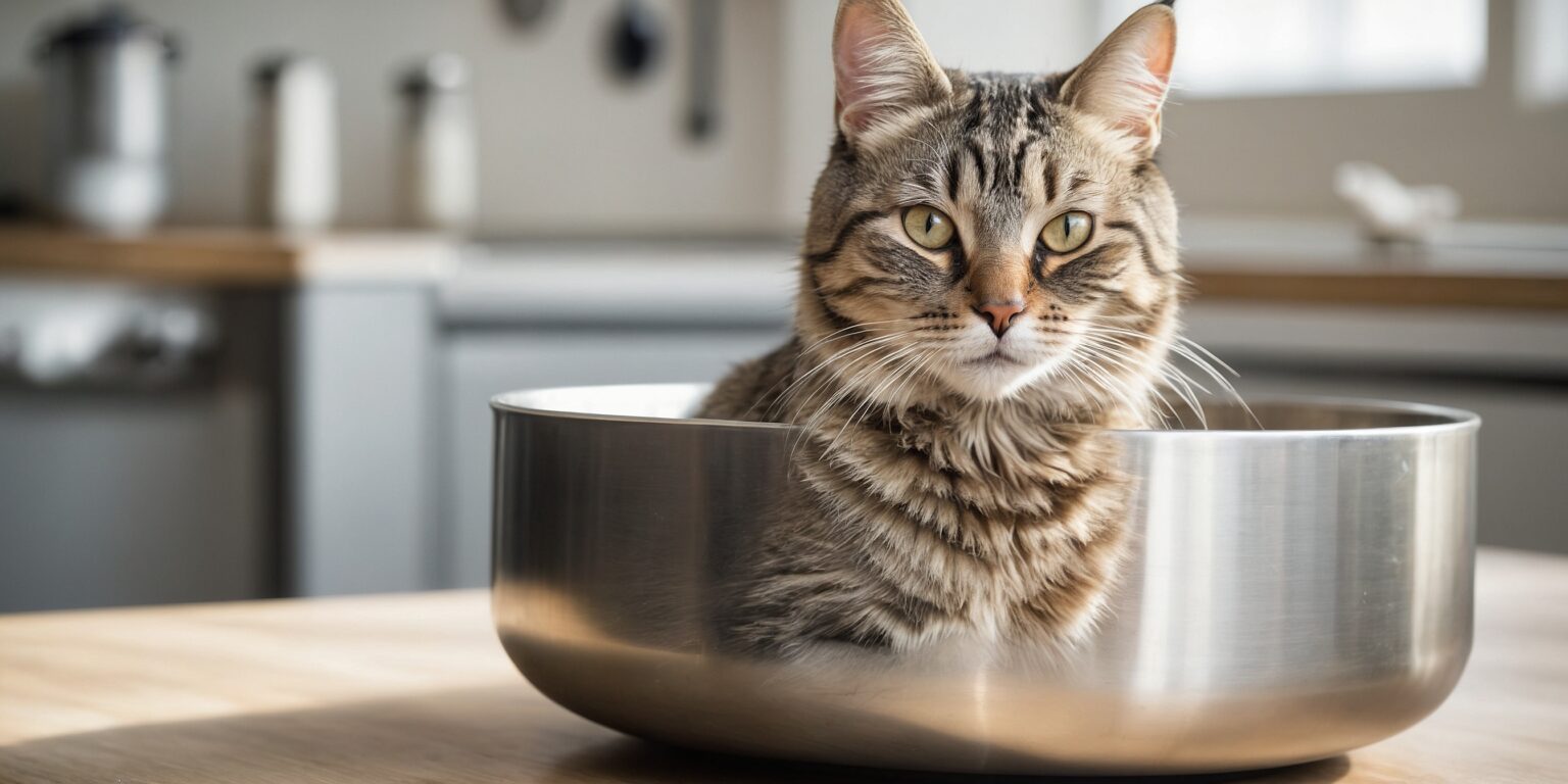 Chat tigré assis dans un grand saladier en métal sur un plan de travail de cuisine moderne, baigné de lumière naturelle.