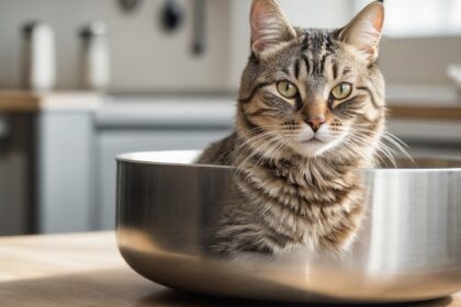 Chat tigré assis dans un grand saladier en métal sur un plan de travail de cuisine moderne, baigné de lumière naturelle.