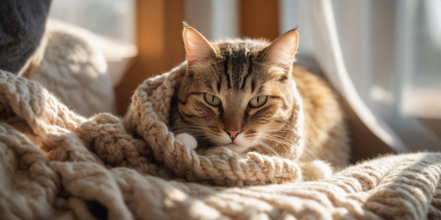 Chat tigré allongé sur une couverture en laine beige, profitant de la lumière du soleil à travers une fenêtre.