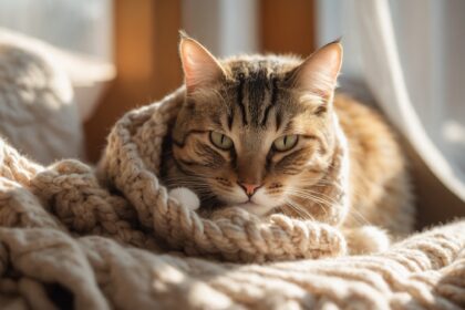 Chat tigré allongé sur une couverture en laine beige, profitant de la lumière du soleil à travers une fenêtre.