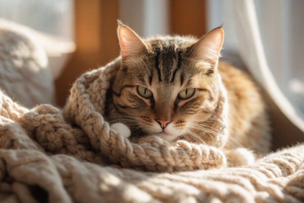 Chat tigré allongé sur une couverture en laine beige, profitant de la lumière du soleil à travers une fenêtre.